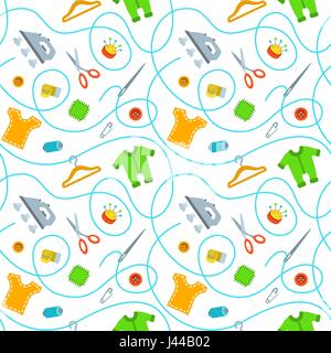 Vector seamless pattern with sewing tools flat icons scattered on white background. Seamstress supplies for tailoring and needlework. Handmade kids cl Stock Vector