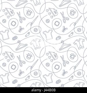 Thin line vector seamless pattern with sewing tools linear icons scattered on white background. Outline seamstress supplies for tailoring and needlewo Stock Vector