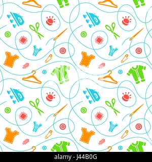 Vector seamless pattern with sewing tools flat icons scattered on white background. Seamstress supplies for tailoring and needlework. Handmade kids cl Stock Vector