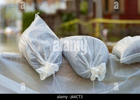 Close shot of flood Protection Sandbags Stock Photo