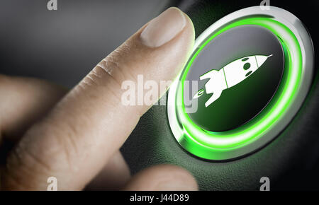 Man finger pressing an boost button with a rocket icon, black background and green light. Composite between a photography and a 3D background. Start-u Stock Photo