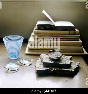 History books and fossil with reading glasses Stock Photo