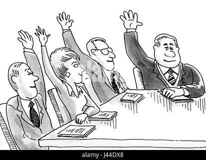 Business cartoon illustration showing people in a meeting with their arms raised. Stock Photo