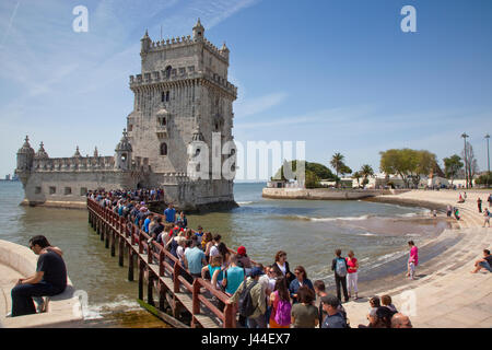 Portugal, Estredmadura, Lisbon, Belem, Torre de Belem built as tower fortress between 1515-1521 on the banks of the river Tagus. Stock Photo