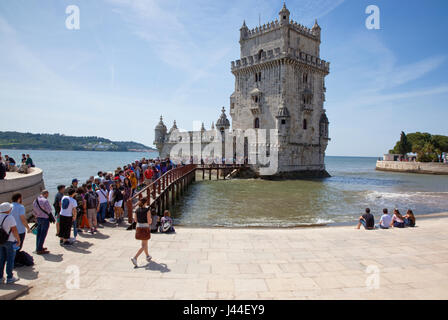 Portugal, Estredmadura, Lisbon, Belem, Torre de Belem built as tower fortress between 1515-1521 on the banks of the river Tagus. Stock Photo