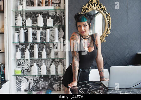 A portrait of a young woman in a hair salon. Stock Photo