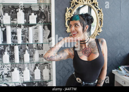 A portrait of a young woman in a hair salon. Stock Photo