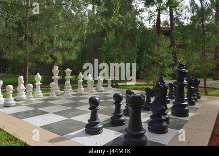 Large chess set outdoors on lawn Stock Photo