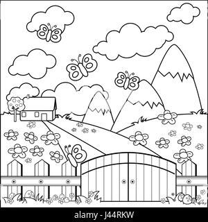 Small country house, meadow and wooden fence. Black and white coloring book page Stock Vector
