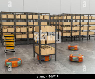Orange robots carrying pallets with goods in modern warehouse. Modern ...
