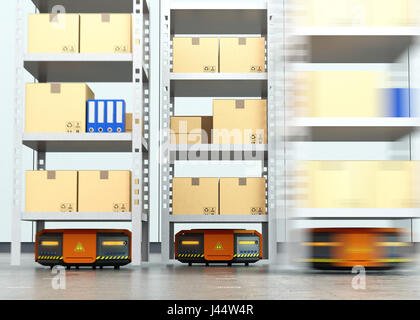 Orange robots carrying pallets with goods in modern warehouse. Modern ...