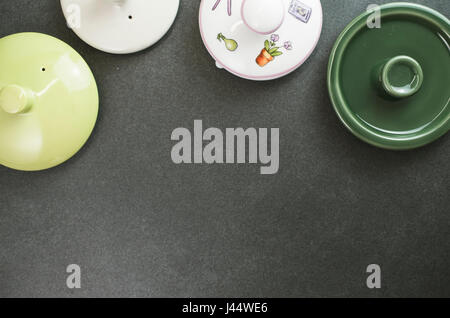 tea pot lids top view - copy space Stock Photo