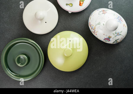 tea pot lids top view - copy space Stock Photo