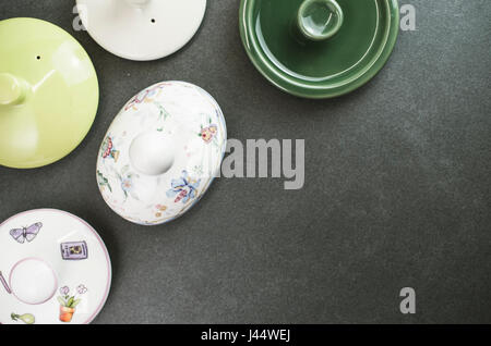 tea pot lids top view - copy space Stock Photo