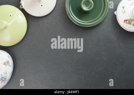 tea pot lids top view - copy space Stock Photo