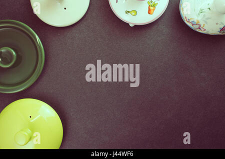 tea pot lids top view - copy space Stock Photo