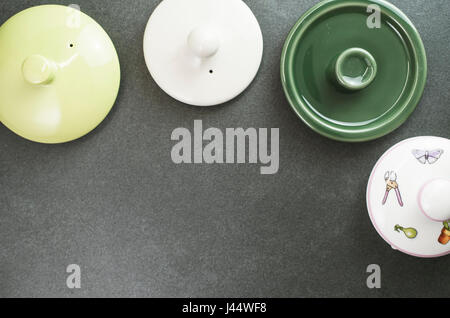 tea pot lids top view - copy space Stock Photo