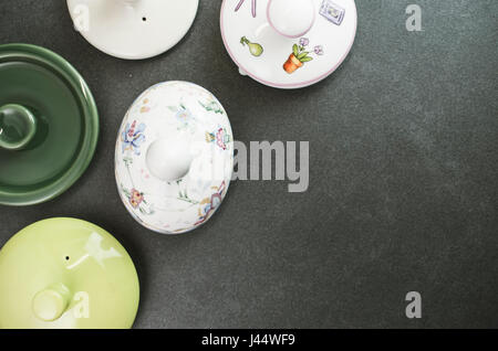 tea pot lids top view - copy space Stock Photo