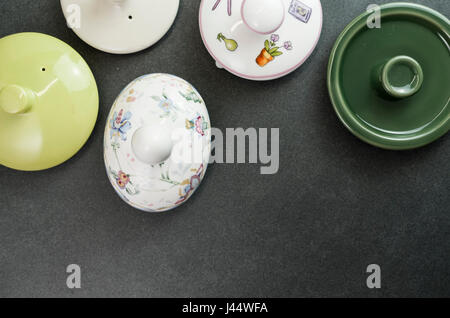 tea pot lids top view - copy space Stock Photo