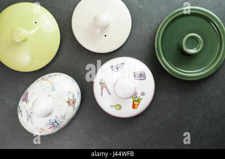 tea pot lids top view - copy space Stock Photo