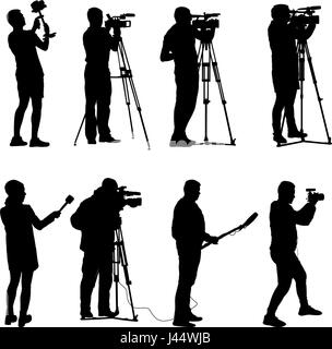 Set cameraman with video camera. Silhouettes on white background Stock Vector
