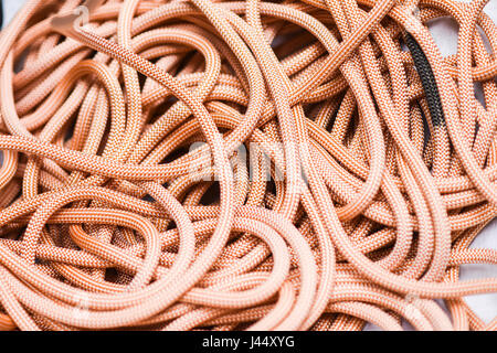 New climbing rope lying on a white background. Stock Photo