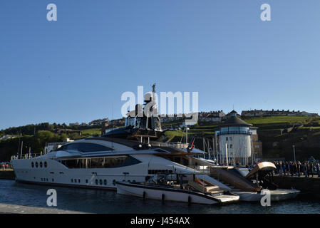 The beautiful Russian superyacht Lady M owned by Russian billionaire alexei Mordashov docked at historic Whitehaven harbour and marina Stock Photo