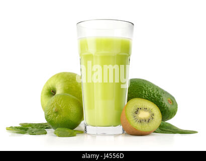Healthy green smoothie with spinach, avocado, kiwi, apple and lime isolated on white Stock Photo