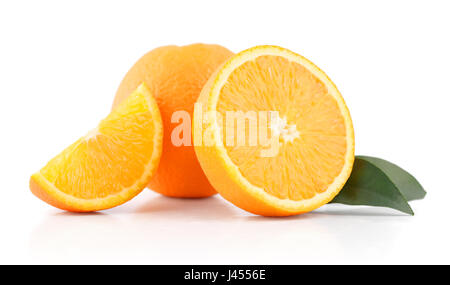 Fresh oranges with leaves isolated on white background Stock Photo