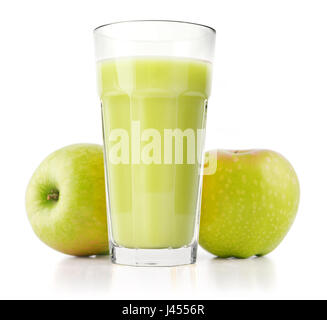 Delicious apple juice in glass and green apples isolated on white Stock Photo