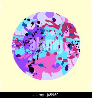 Turquoise purple pink artistic ink splashes vector background. Greeting card or invitation template with round frame Stock Vector