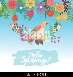 hello spring bird on branch flowers cute nature wallpaper Stock Vector