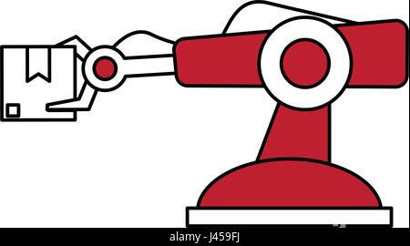 color silhouette cartoon industrial mechanical red robot arm with package Stock Vector