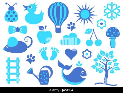 Cute blue baby icons collection on white background Stock Vector