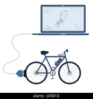 Electric bicycle connected to a laptop through a usb cable. Outline of the motor and graphs being shown on the computer monitor. Flat design. Isolated Stock Vector
