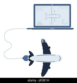 Plane connected to a laptop through a usb cable. Outline of the airplane and graphs being shown on the computer monitor. Flat design. Isolated. Stock Vector