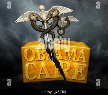 A box labeled Obamacare is being cracked in two by a Republican Caduceus, a symbol of medicine. Stock Photo