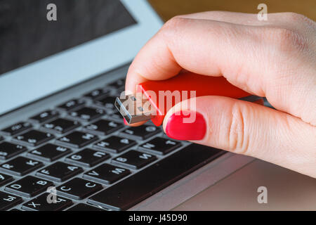 Close up of a woman hand plugging a red pendrive on a laptop Stock Photo