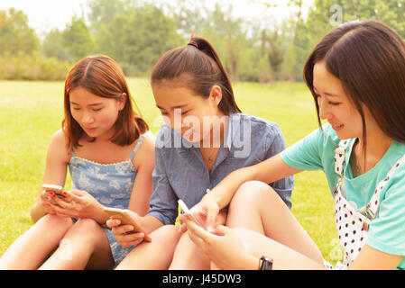 Three young women use cell phones. In the Park in the morning sun Stock Photo