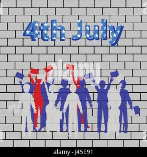US Independence Day. Silhouettes of people with an American flag on a brick wall background. Street art. Illustration, vector for your design. Fourth  Stock Vector