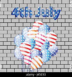 US Independence Day. Balloons with American flag color on brick wall background. Street art. Illustration, vector for your design. Fourth of July. Peo Stock Vector