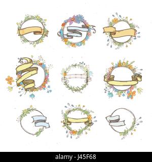 Rustic hand drawn flower elements and ribbons set. Vector floral doodles, branches, flowers, laurels and frames. Border collection for greeting cards  Stock Vector