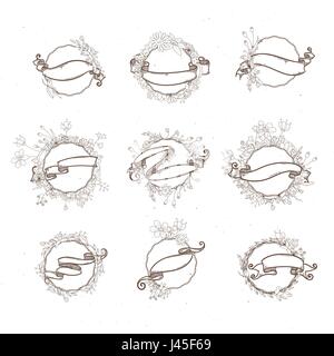 Rustic hand drawn flower elements and ribbons set. Vector floral doodles, branches, flowers, laurels and frames. Border collection for greeting cards  Stock Vector