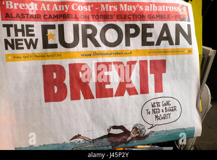 The New European newspaper front page headline re  Brexit  Theresa May swims channel 'We are Going to Need a Bigger Majority'  21 April 2017 London UK Stock Photo