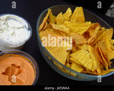 Nacho chips with dips Stock Photo