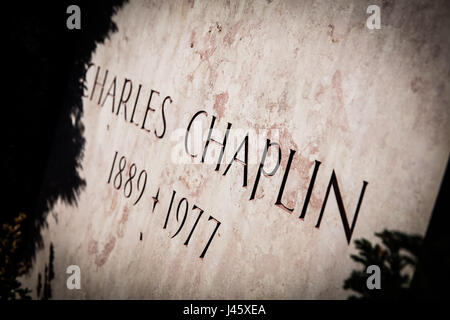 The inscription in close up on the grave and headstone of Charles Chaplin, silent film actor and director. Corsier sur Vevey Cemetery. 20th November 2 Stock Photo