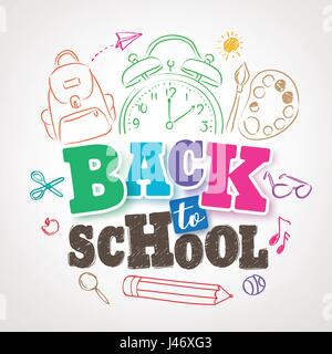 Back to school vector design with colorful title text surrounded by school elements drawing in white background. Vector illustration. Stock Vector