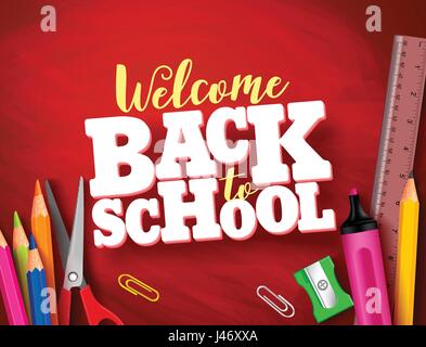 Back to school vector banner design in red texture background with school supplies and items and 3d title. Vector illustration. Stock Vector