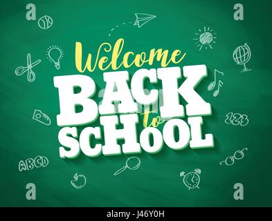 Back to school vector banner design with 3d title and drawings in green chalkboard texture background. Vector illustration. Stock Vector