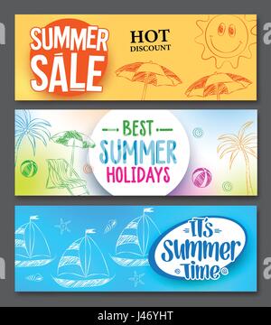 Summer sale and summer holidays vector web banner designs set with colorful backgrounds and drawing elements. Vector illustration. Stock Vector